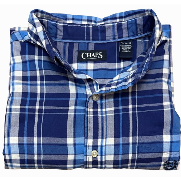 Chaps Plaid Button Down Shirt XL Blue Long Sleeve Cotton Blend Casual Preppy - Picture 3 of 7